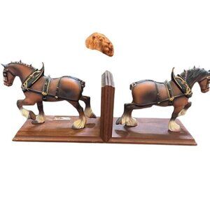 Clydesdale Horse Bookends With Harness Detailing On Wood Base